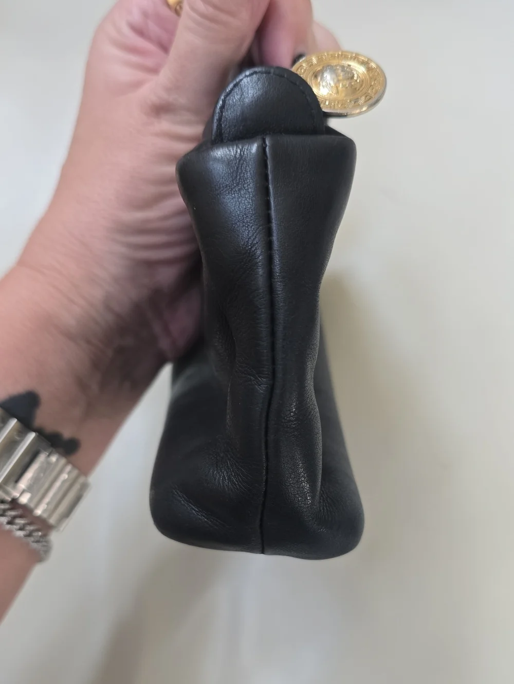 Gianni Versace Black Leather Medusa Vintage Cosmetic Pouch with Gold Emblem